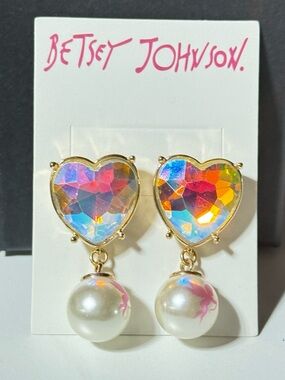 Betsey Johnson Gold and Iridescent Heart Drop Earrings